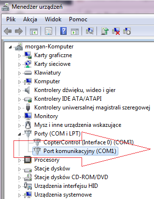 a Jak wam sie nie łaczy to do skutku usun sterowniki copter control 0 i 1 jak jest i niech zainstaluje od nowa. Port com1 tez mozna usunac