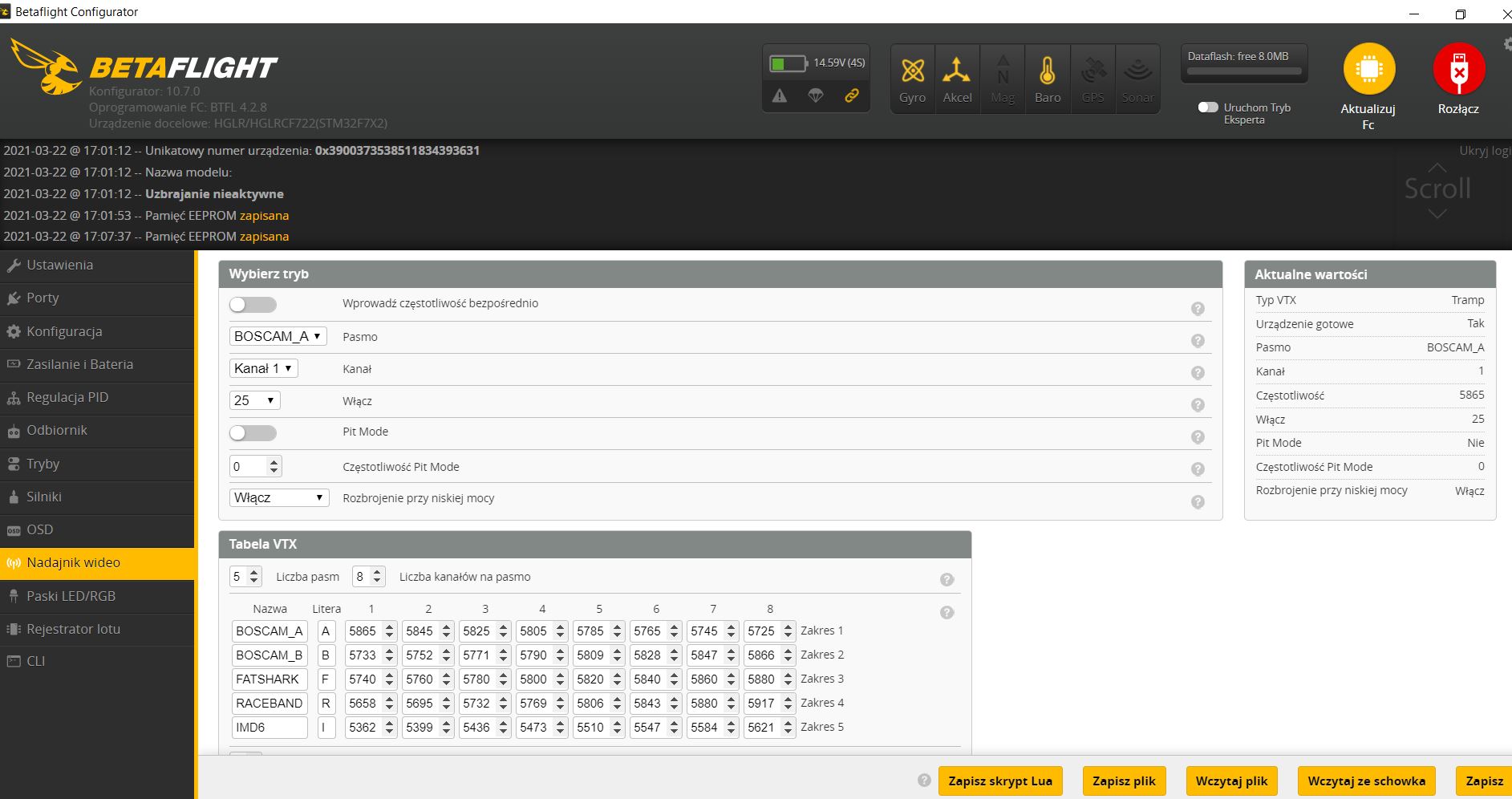 ustawienia w BetaFlight